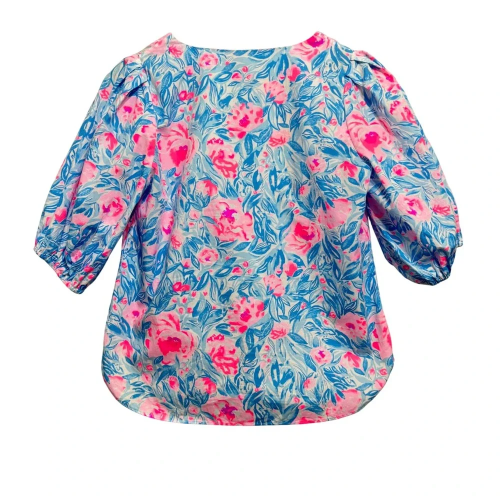 Lilly Pulitzer Ivee Top XS Bondi Blue Pink My Little Peony New‎ Floral V-Neck
